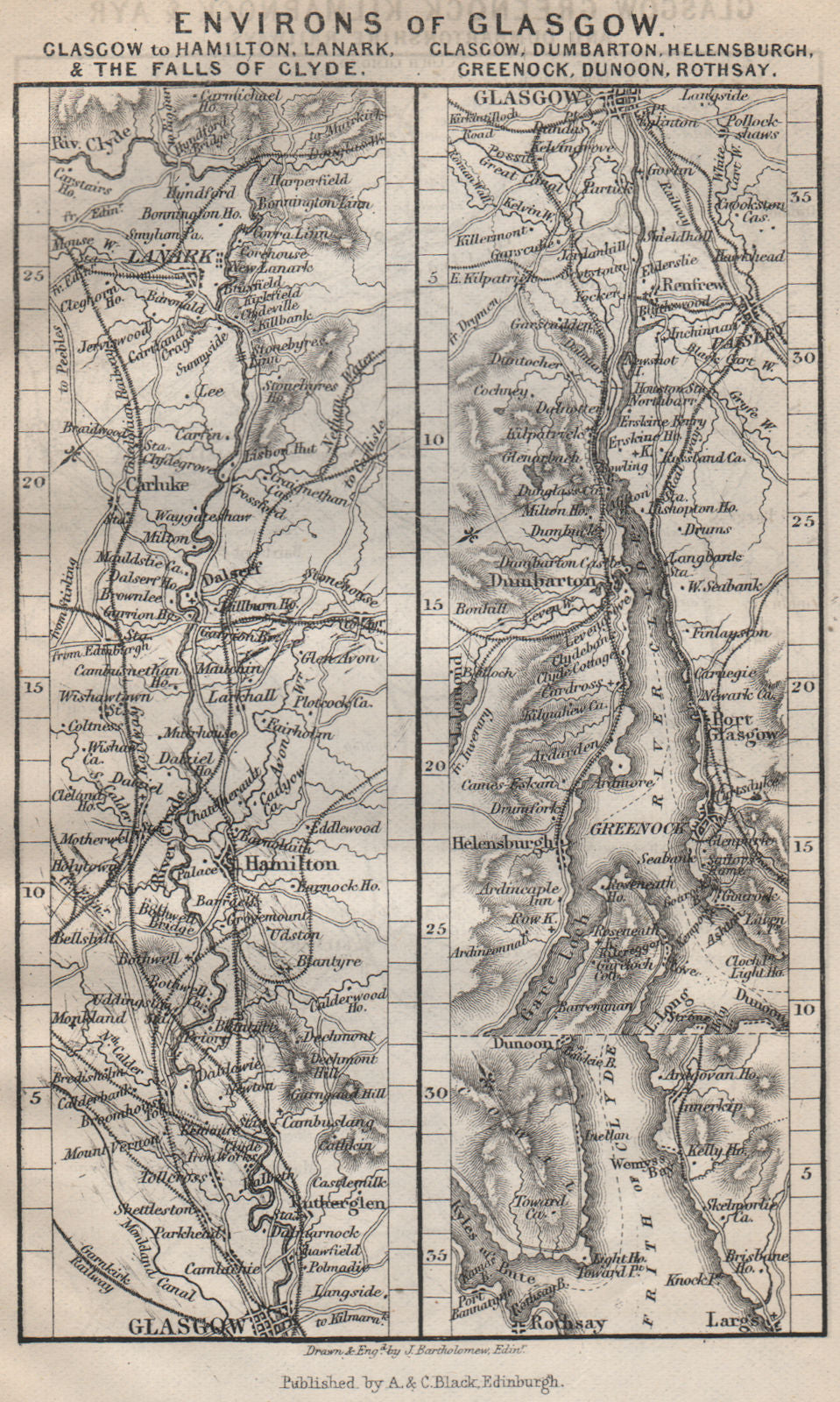 Clyde estuary/river. Lanark Glasgow Hamilton Dumbarton Greenock Rothsay 1886 map